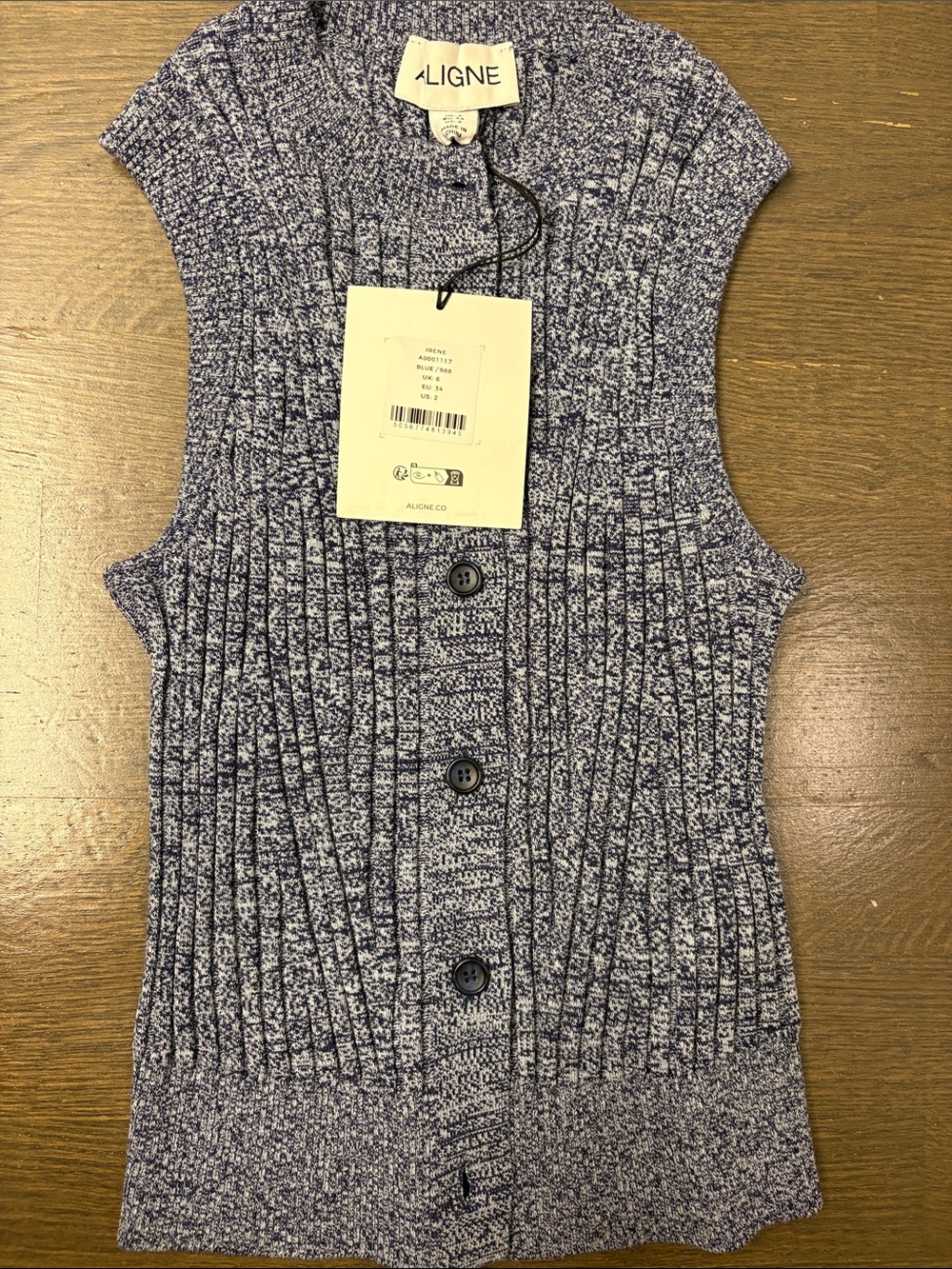 NWT Aligne Blue Knit Button-Front Sleeveless Top